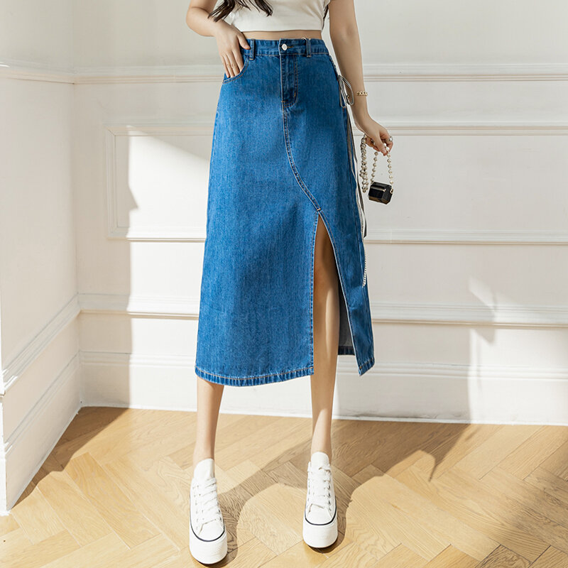 تنورة نسائية من Wisher & Tong من قماش الدنيم تنورة جينز عالية الخصر بفتحة جانبية عتيقة على الموضة الكورية تنورة طويلة زرقاء Jupe Longue صيف 2022