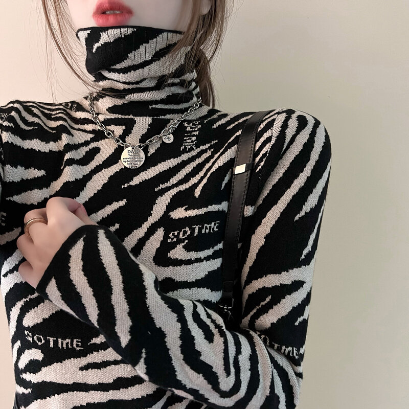 DAYIFUN Pullover Sweater Women Spring and Autumn Vintage Leopard Prind Turtleneck Pile-collar Bottoming Shirt Knitted Sweater