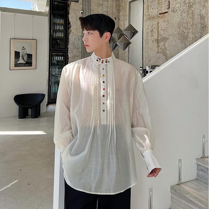 Camicia Oversize a maniche lunghe camicie da uomo originali bottone colorato pieghe d'organo camicetta allentata Irregul abbigliamento da uomo firmato coreano