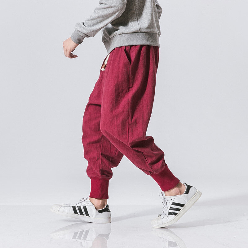 EAEOVNI męskie lniane spodnie do joggingu hip-hopowe haremowe Streetwear wiosenne i letnie nowe koreańskie modne spodnie typu Casual sportowe spodnie dresowe