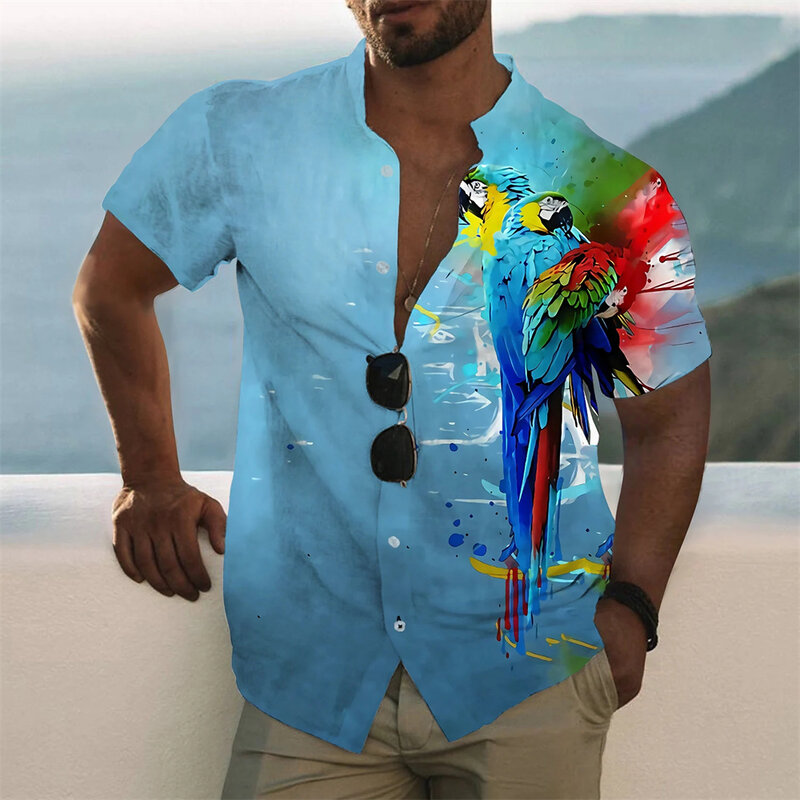 3D Parrot พิมพ์ผู้ชายสังคมเสื้อฮาวาย Beach Holiday แขนสั้น Lapel ขนาดใหญ่ชายเสื้อผ้าสบายๆ Camisa Masculina