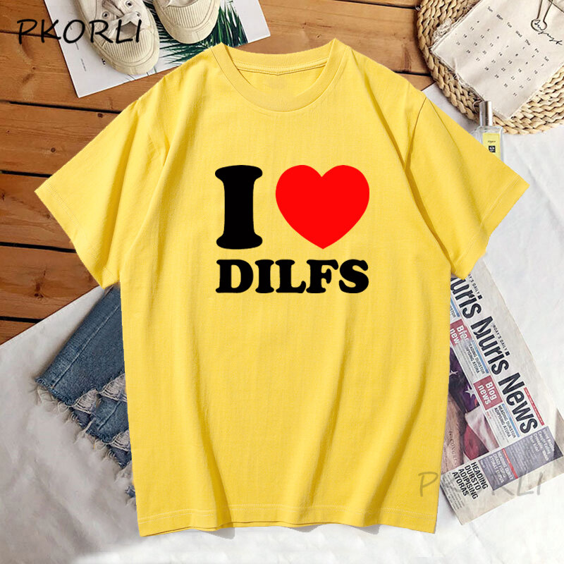 I love Dilfs-女性用コットンTシャツ,面白いグラフィックTシャツ,半袖カジュアルTシャツ,女性用ユニセックスウェア