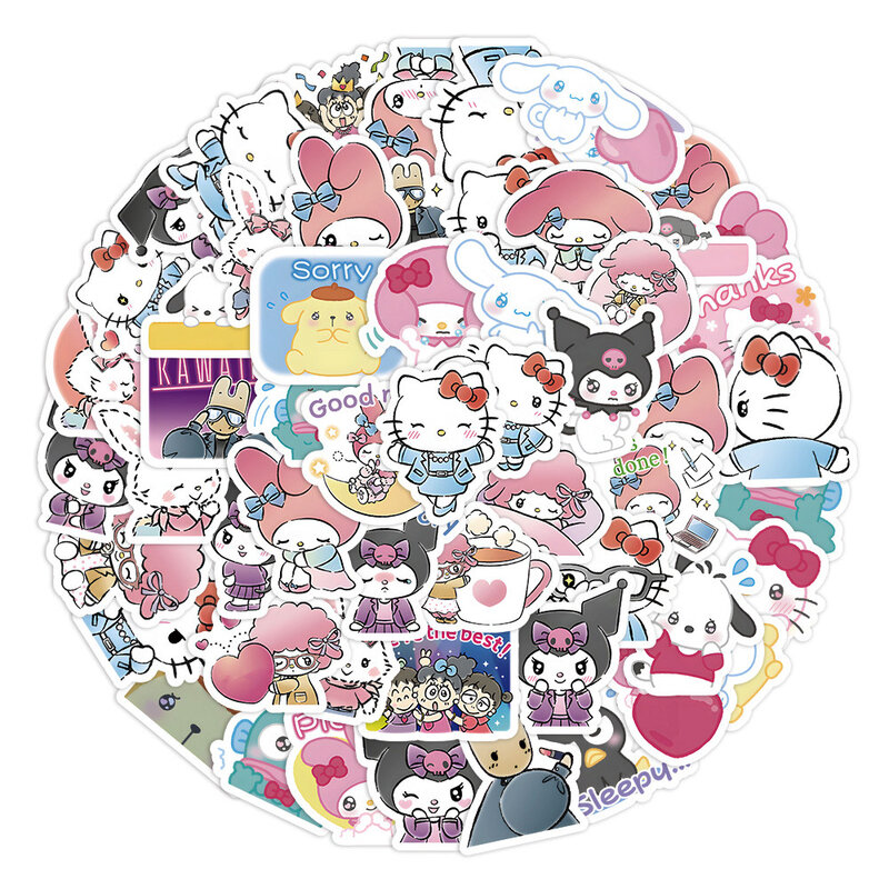 Autocollants esthétiques mignons Sanurgente Hello Kitty Kuromi, autocollants pour ordinateur portable, téléphone, autocollant de décoration pour ordinateur portable, jouets classiques pour enfants, 10 pièces, 30 pièces, 60 pièces