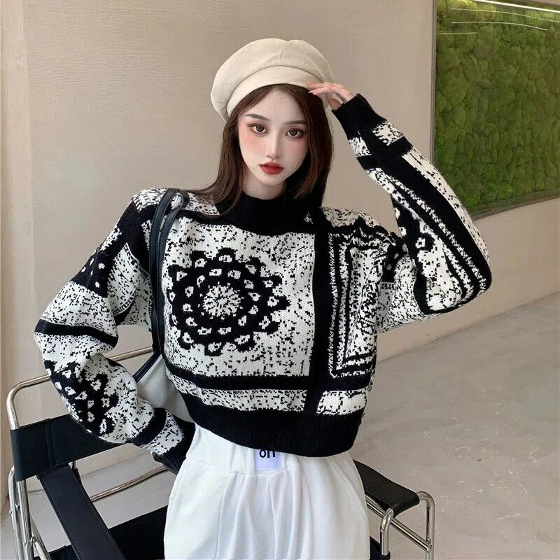 Outono inverno nova cintura alta de malha camisola feminina moda coreana jacquard o-pescoço pulôver camisola japonês puxar vintage topos