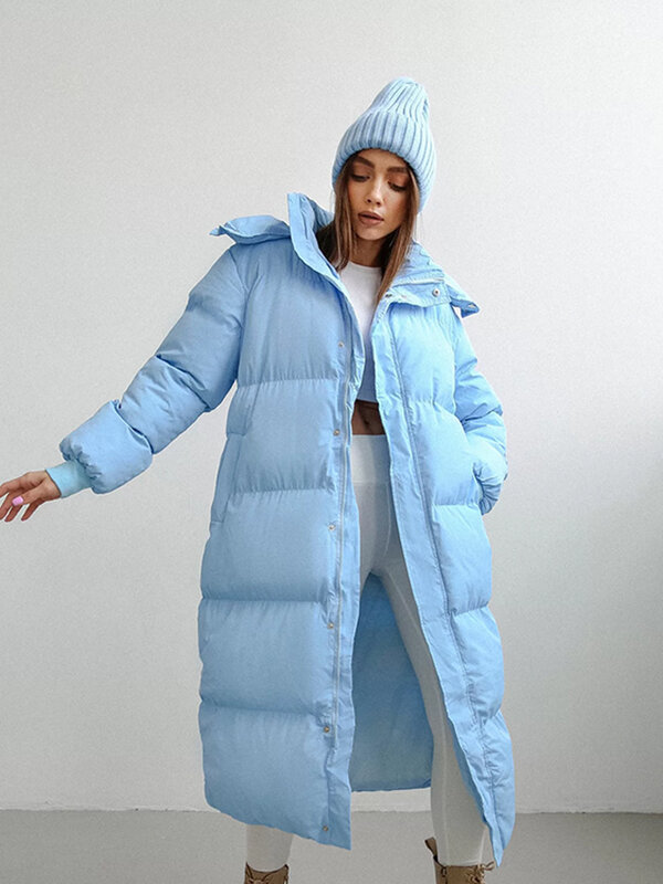 Chaqueta de plumón larga con capucha para mujer, abrigo holgado con cremallera y botones, Parka acolchada de algodón con bolsillo, novedad de invierno, 2022