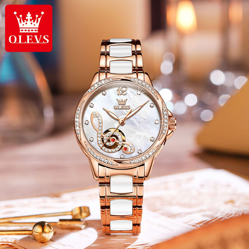 OLEVS w pełni automatyczny automatyczny zegarek mechaniczny dla kobiet moda wodoodporny pasek ceramiczny kobiet zegarki na rękę Luminous