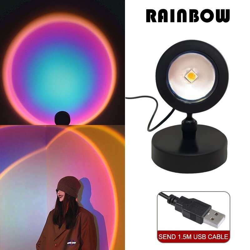 USB Sunset Lamp LED Rainbow Neon Warm Night Light Projector Photography Wall Atmosphere Lighting for Bedroom Home Room Decor