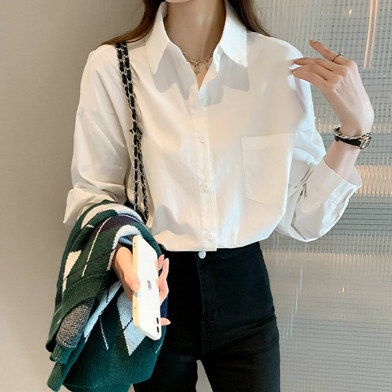 Temperamento branco camisa feminina nova uma minoria casual solto cor sólida confortável all-match polo-pescoço manga comprida bolso escritório