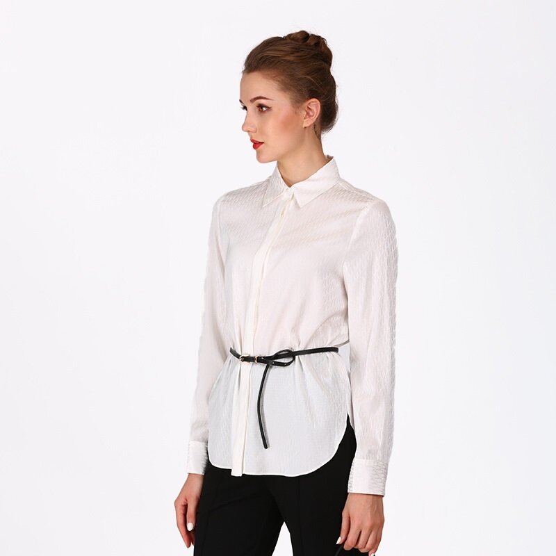 Office Dames Moerbei Zijde Blouse Mode Vrouwelijke Elegante Slanke Witte Tops Met Riem Herfst Temperament Eenvoudige Casual Shirts