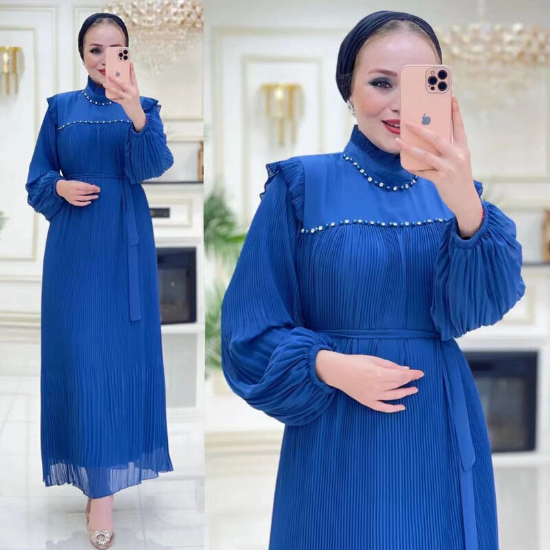 Autumn Winter Muslim Modest Dress Women Pleated Pearls Lantern Sleeves Long Robe 2022 New Elegant Islam Clothing Eid Dubai Abaya