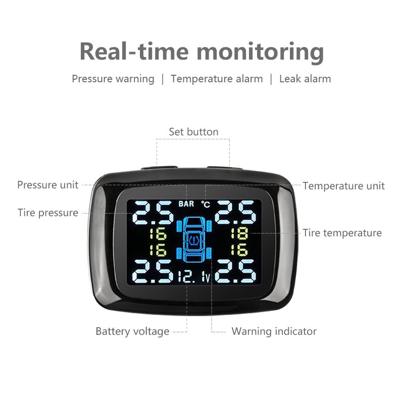 Автомобильная система мониторинга давления в шинах TPMS, прикуриватель, USB, предупреждение о температуре в шинах, манометр
