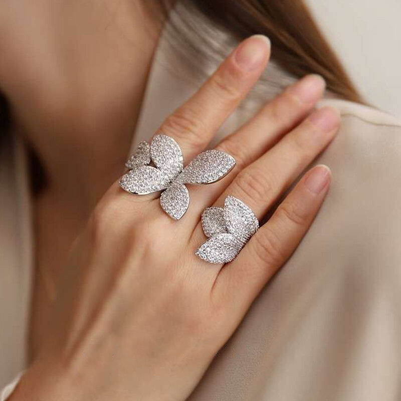 Luksusowe AAA sześcienne cyrkonie Micro Pave otwarte pierścienie ustawienie kwiatowy pierścień dla kobiet panie dziewczyny różowe złoto kolor palec Bague CR2034L