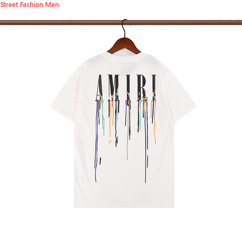 T-shirt in cotone a maniche corte stampata Amiri 22ss con lettera a colori che scorre estiva t-shirt allentata Hip Hop abbinata a tutti gli uomini e le donne