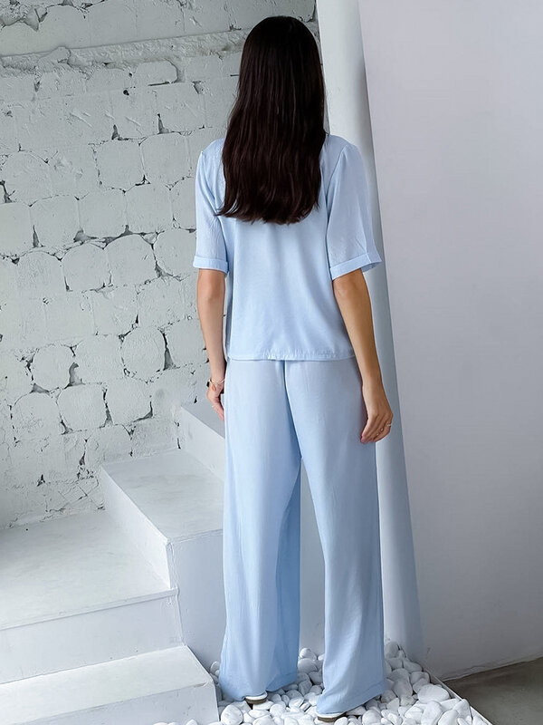 Hiloc Blue Home بدلة للنساء بيجامة فضفاض أكمام قصيرة بنطلون بدلة رفض طوق بنطال ذو قصة أرجل واسعة مجموعة امرأة 2 قطعة 2022