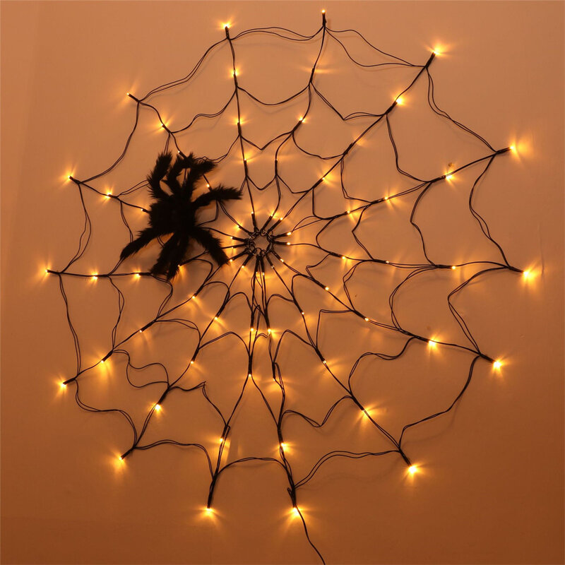 60LED Solar Black Spider Web Lights String Waterproof Halloween Spider Web Wall Light for Party Yard Outdoor Window Decoration