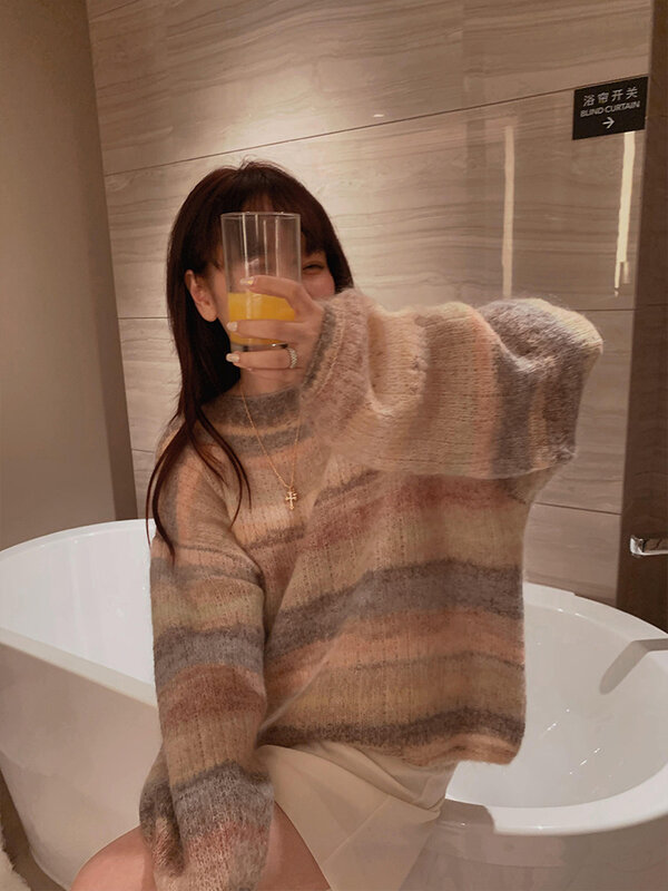 Женский вязаный пуловер с круглым вырезом, осенне-зимний мешковатый пуловер с длинным рукавом и градиентом в стиле ретро