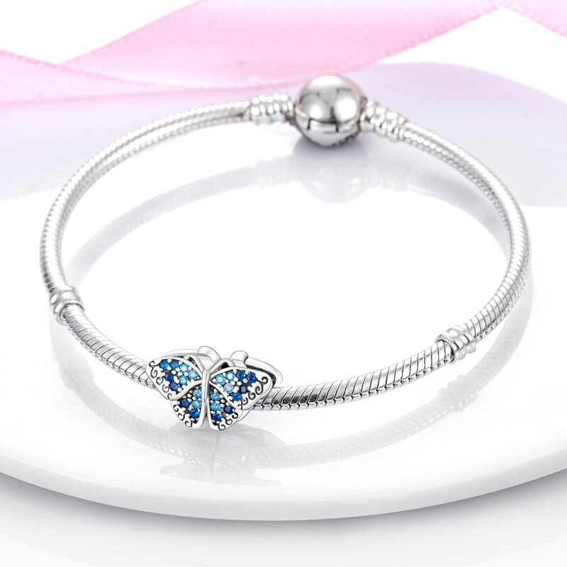 Echtes 925 Sterling Silber Blau Kristall Schmetterling Perlen Fit Original 925 Pandora Armband Charme Für Frauen Mode Schmuck Geschenk