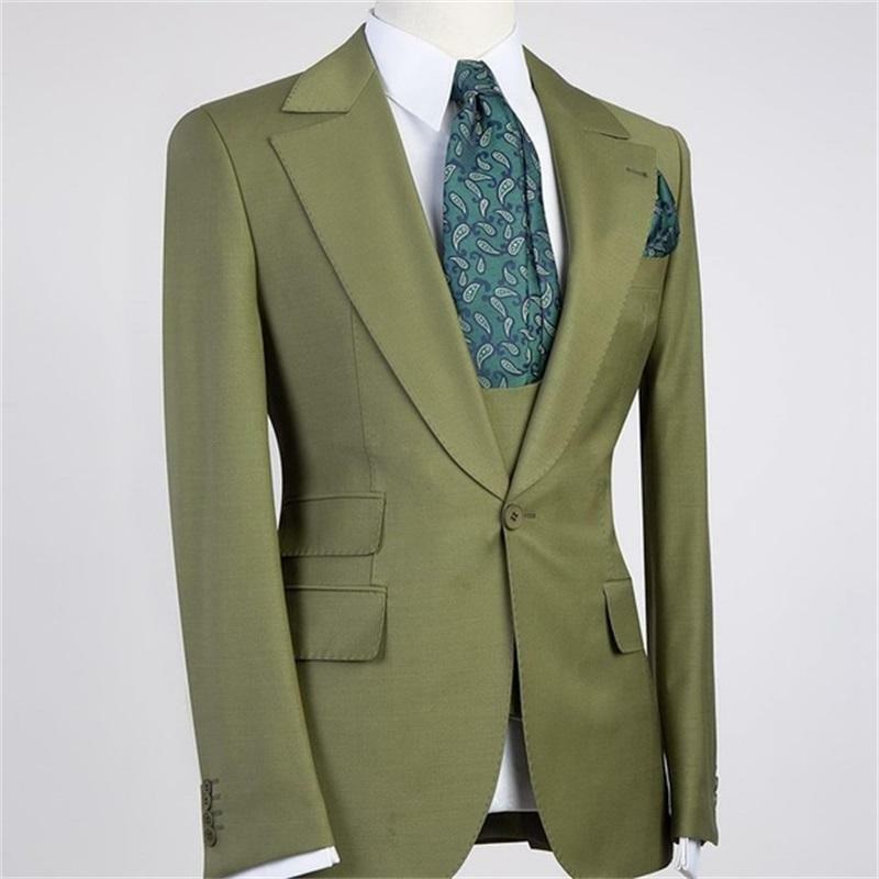 Latest Design Green Peal Lapel With One Button Men Suits 3 Pieces Costum Homme Groom Wedding Terno Masculino Slim fit Blazer