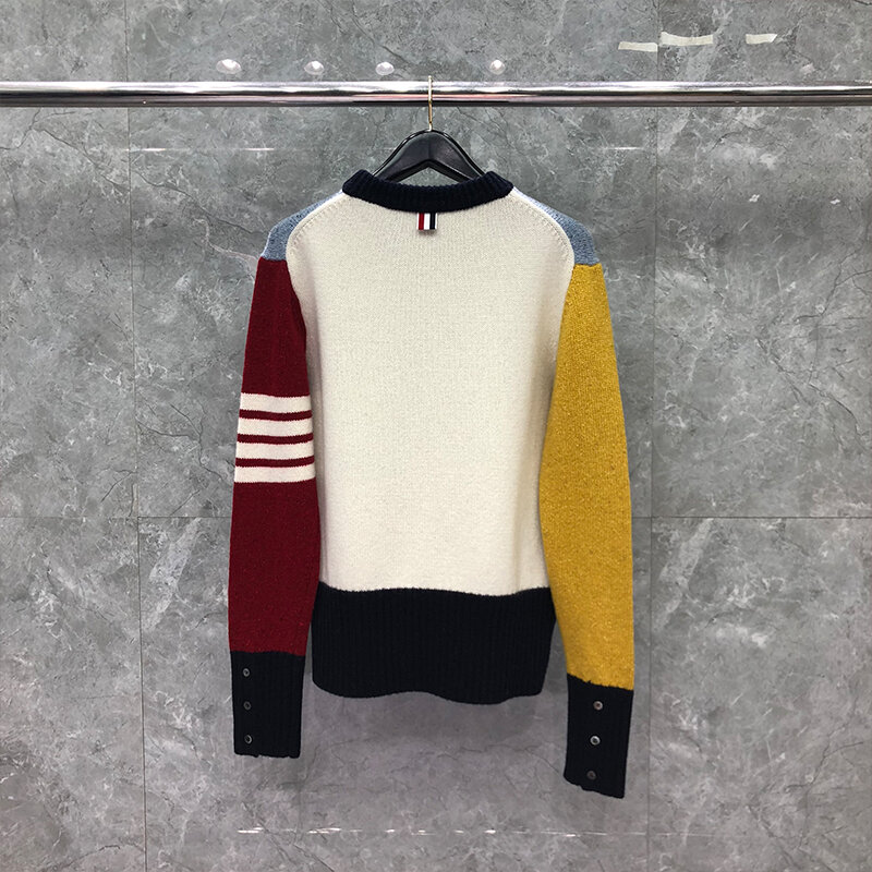 TB THOM Patchwork Sweater Autumn Winter Coat Male Fashion Brand Multicolor Wool Jersey Stitch 4-Bar Stripe O-Neck Cardigan Tops