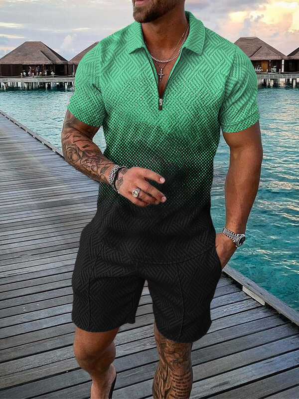 Men's Sportswear High Quality 3D Print Short Sleeve Zip Polo Shirt + Shorts Set Men's Casual Streetwear 2 Piece Summer 2022