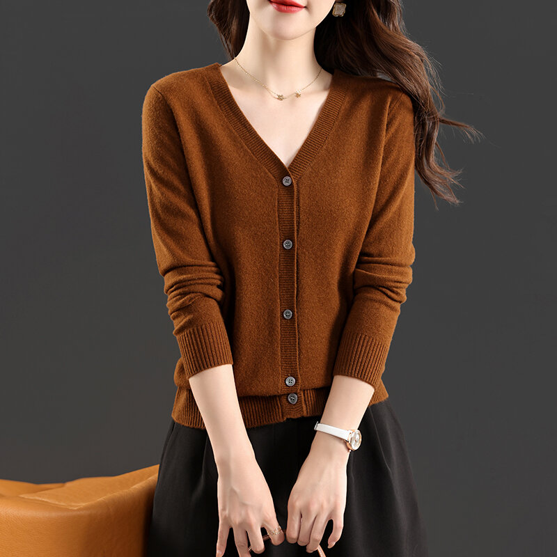 Lã feminina malha cardigan outono novo decote em v fino solto exterior wear grande camisola de malha casaco pequeno