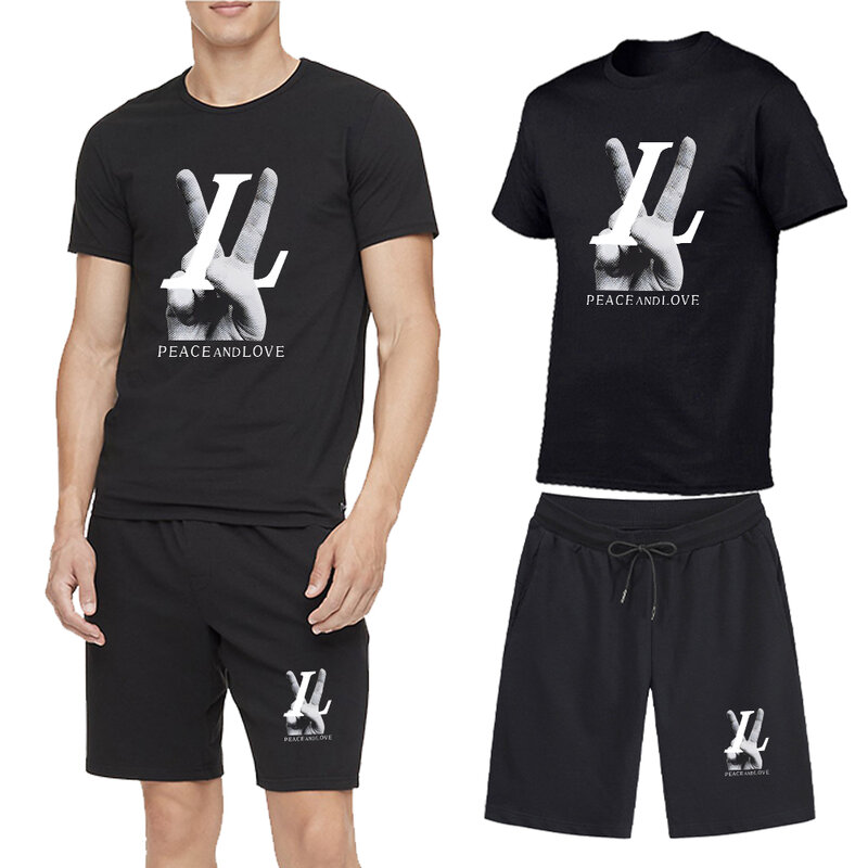 Pakaian Olahraga Pria Musim Panas Kaus Katun Lengan Pendek Motif Perdamaian dan Cinta + Celana Pendek 2 Potong Pakaian Fashion Pria Tren Pakaian Olahraga Baru