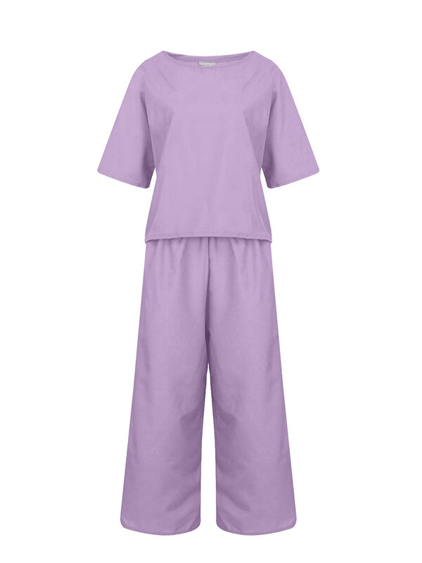Conjunto de ropa a Juego de 2 piezas para mujer, camiseta de manga corta de lino, pantalones de pierna ancha, chándales, 2023