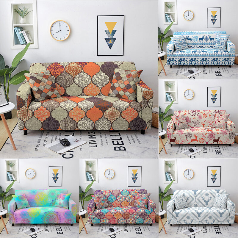 Geometrische Elastische Sofa Covers Voor Woonkamer Herten Mandala Print Stretch Kussenovertrekken Bank Hoekbank Cover Kerst Decor