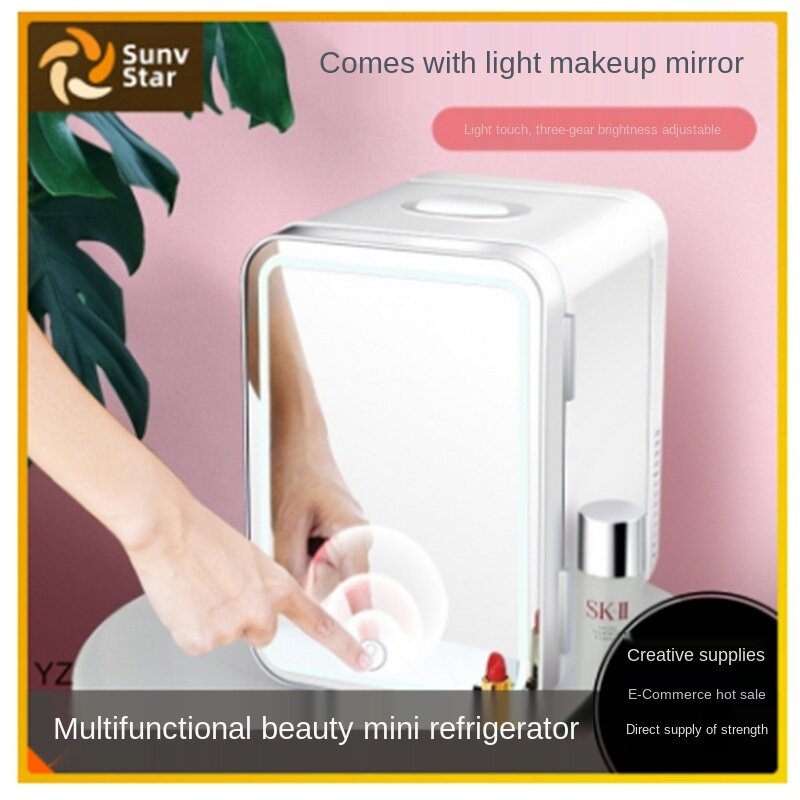 Мини-холодильник для макияжа, 8 л, портативный косметический холодильник, компактная стеклянная панель, светодиодный светильник, подогреватель, морозильная камера для дома, автомобиля, двойное назначение