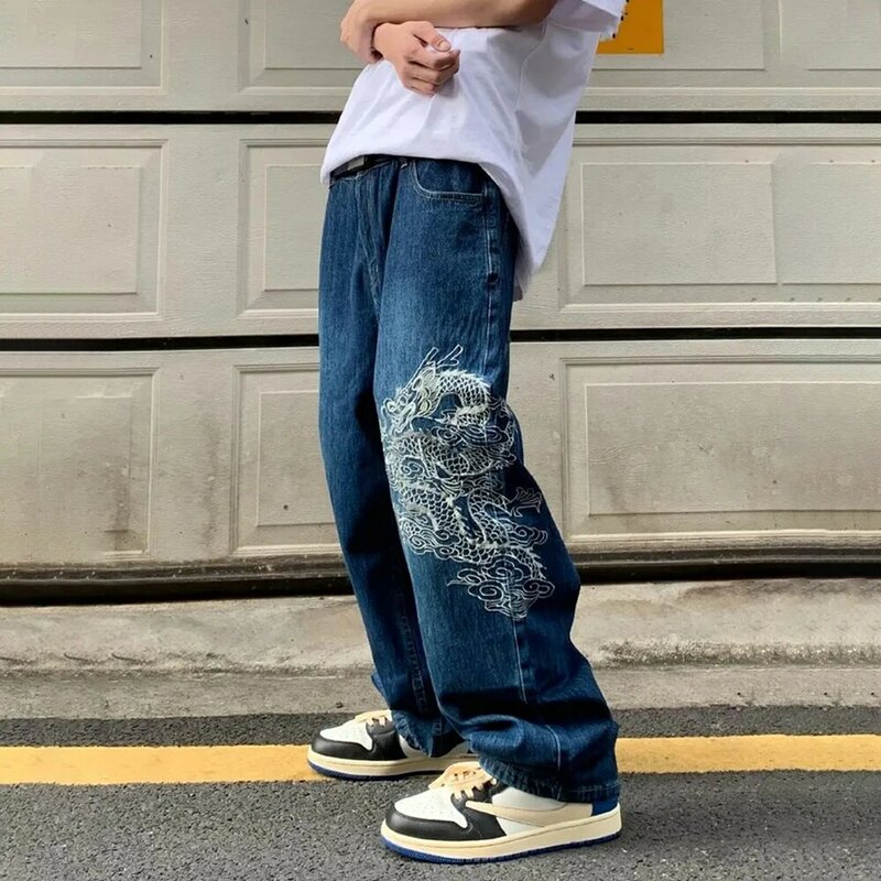Retro Streetwear Dragon Embroidery Straight Baggy Pants Jeans Men Harajuku Trend Trousers Wide Leg Loose Oversize Hip Hop