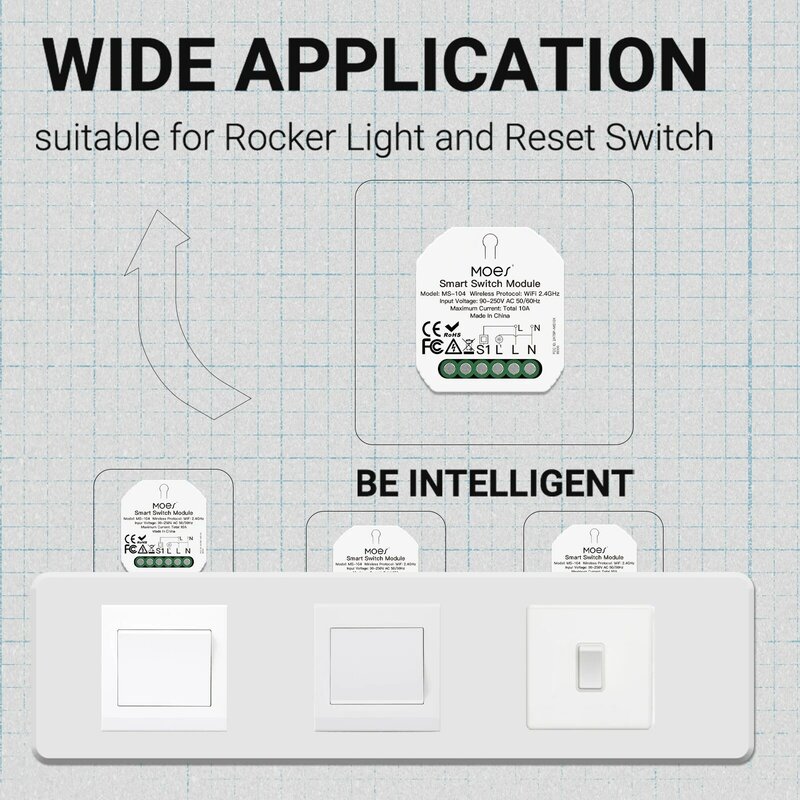 MOES WiFi Light Switch Module Smart Life/Tuya App Remote Control,for Reset and Rocker 1 Gang 1/2 Way Multi-control