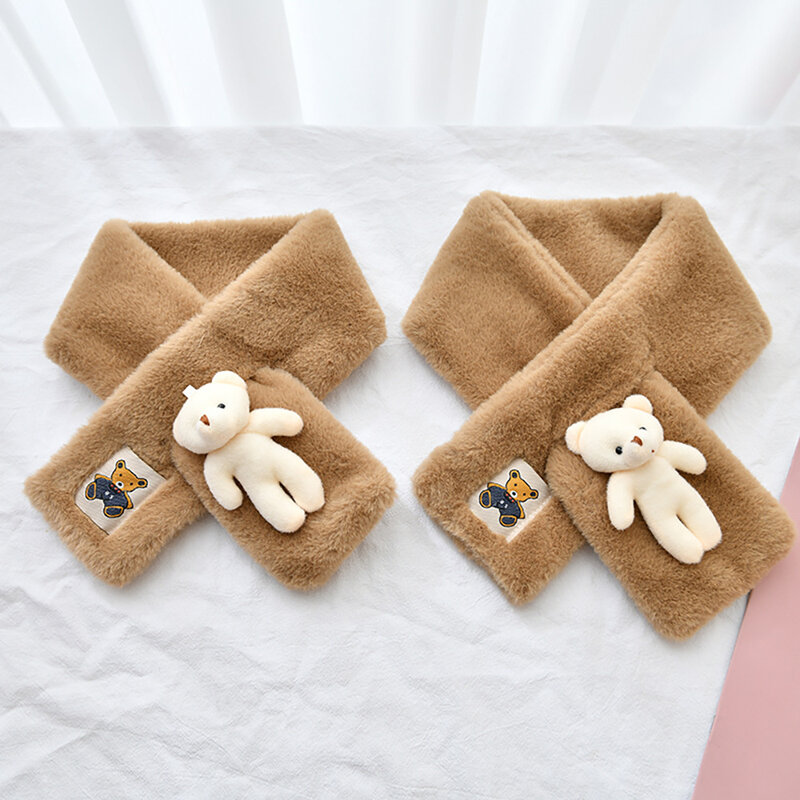 Adult Cross Collar Scarf Polyester Plush Winter Warm Thicken Scarves Children Cute Cartoon Bear Plush Scarf Women Girls Gifts