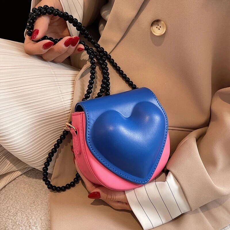 Primavera Trendy Candy Color cuore carino piccola pelle PU borse a tracolla a tracolla borsa da donna Mini perline borsa a tracolla di lusso