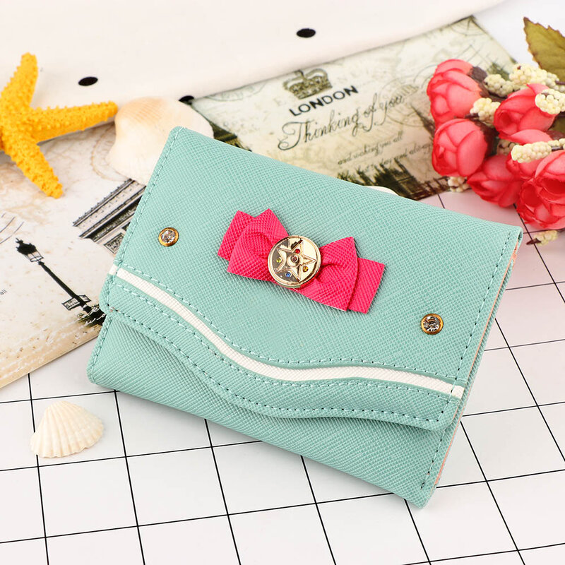 Hot Koop Sweet Style Sailor Moon Clutch Purse Pu Leer Card Coin Bag Vrouwen Fashion Candy Kleur Bow Knot Korte portemonnee Meisje Gift