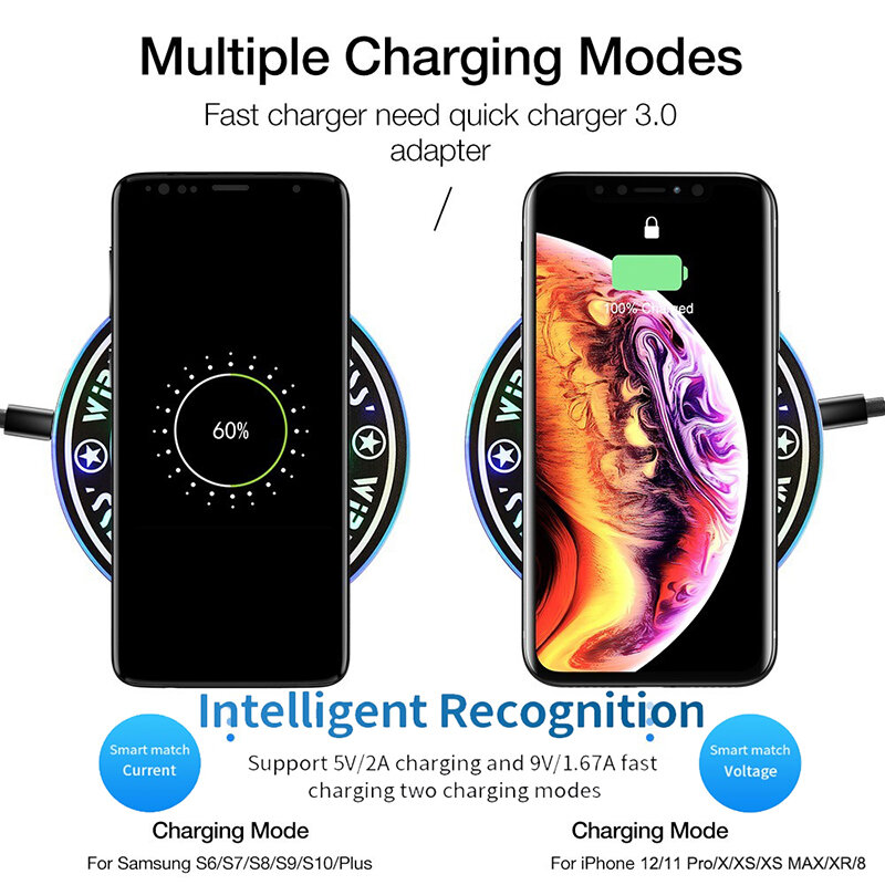 Универсальное беспроводное зарядное устройство Qi, 10 Вт, светящееся Беспроводное зарядное устройство Magic Array для iPhone 13, 11, 12, Samsung Note 9, S10 Plus