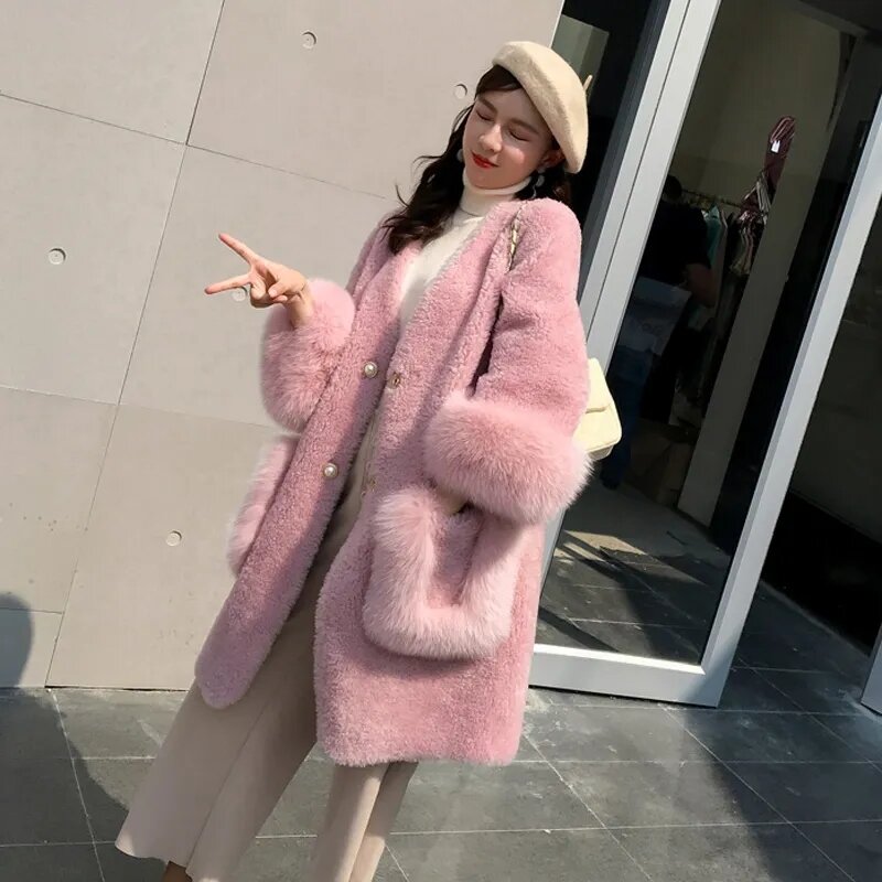2022 Winter Coat Imitation Sheep Shearling Fur Coat Women's Fox Fur Slimming Long Coat Pink Thickened Outerwear Manteau Femme
