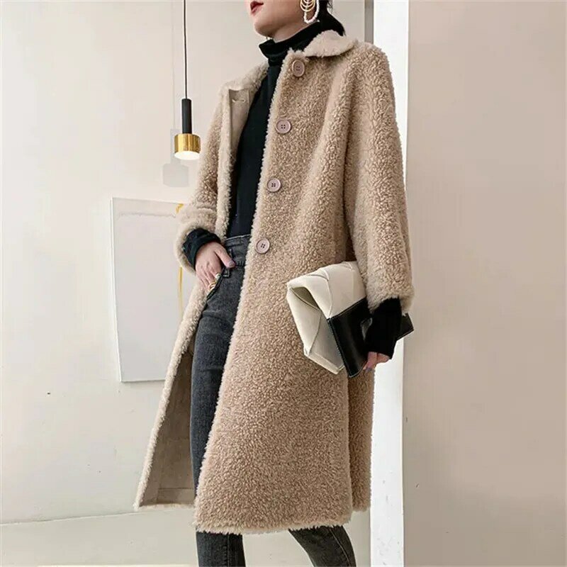 New Women Winter 2023 Loose Warm Sheep Shearing Fur Outwears Female Casual Single Breasted Long Lamb Wool Fur Coat Manteau Femme