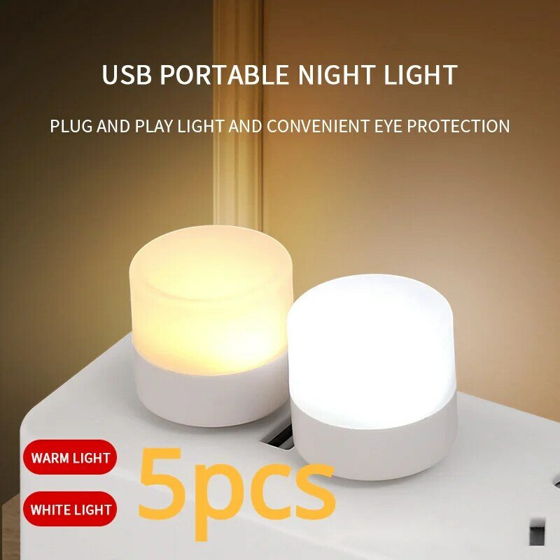 Luz Nocturna portátil con USB, miniluz nocturna redonda, 5 piezas, 5V, protección ocular para libros