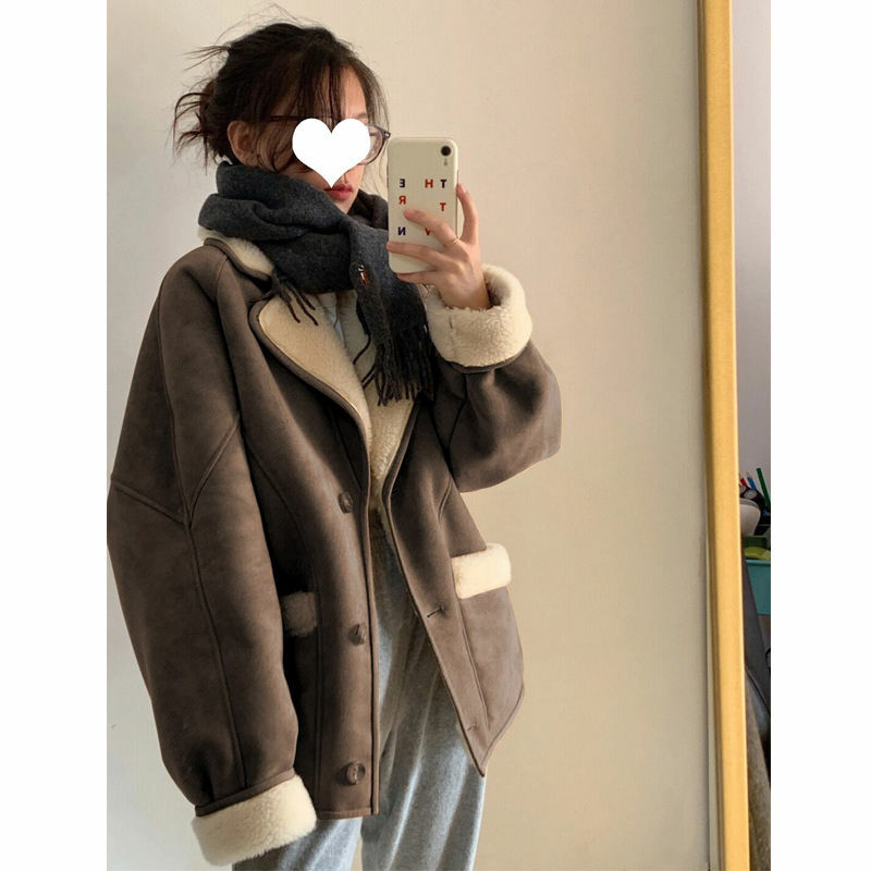 라이트 브라운 양고기 머리 자켓 여성 한국어 가을과 겨울 빈티지 스타일 deerskin 면화 패딩 자켓 여성