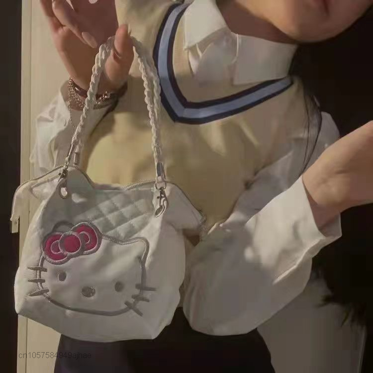 Sanrio-Bolso de mano de Hello Kitty para mujer, bandolera de lona de gran capacidad, para compras, Y2k