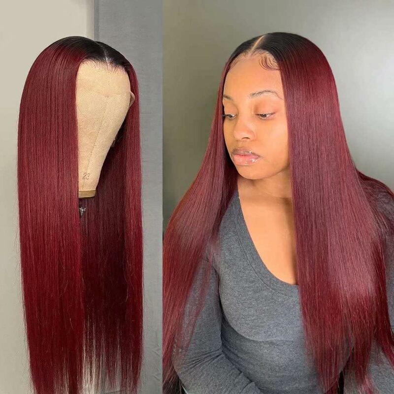 Omber 1B/99J Straight HD Lace Front Wig 180% Brazilian Wear and Go Burgundy 5x5 Pre Cut Lace Closure Bling Hair Human Hair Wigs