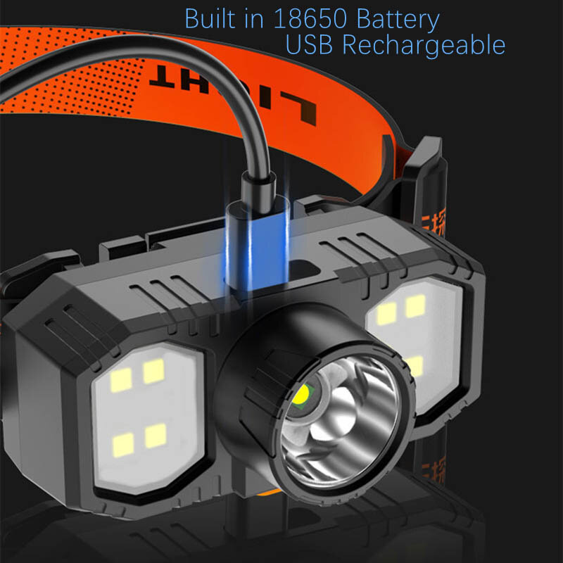 Linterna frontal LED Q5 + COB para exteriores, minilinterna portátil con batería integrada de 18650, recargable por USB, para acampada, novedad