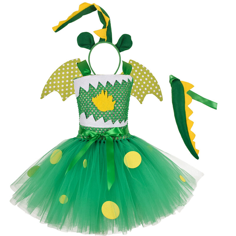 2022 Kids Dinosaur Cosplay Verjaardagsfeestje Tutu Jurken Voor Baby Leuke Cartoon 4 Stuks Set Princess Meisje Kostuums Halloween Kleding