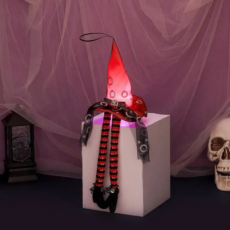 Sombrero de bruja muñeca de patas largas mano de obra fina decoración de escritorio para el hogar adornos con luces regalo de Halloween