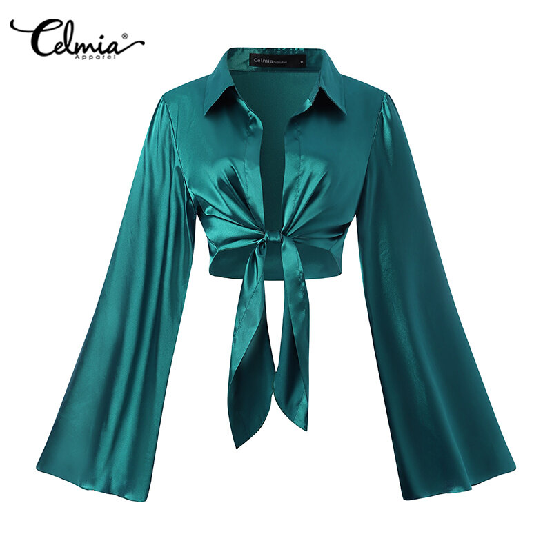 2022 Celmia Elegant Stain Silk Dress Sets Stylish Women 2 Pieces Suits Long Sleeve Shirt Mini Skirts Bandage Party Matching Sets
