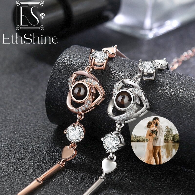 EthShine – Bracelet avec Projection en argent Sterling 925, pendentif personnalisé en forme de cœur, bijoux commémoratifs, cadeau d'anniversaire