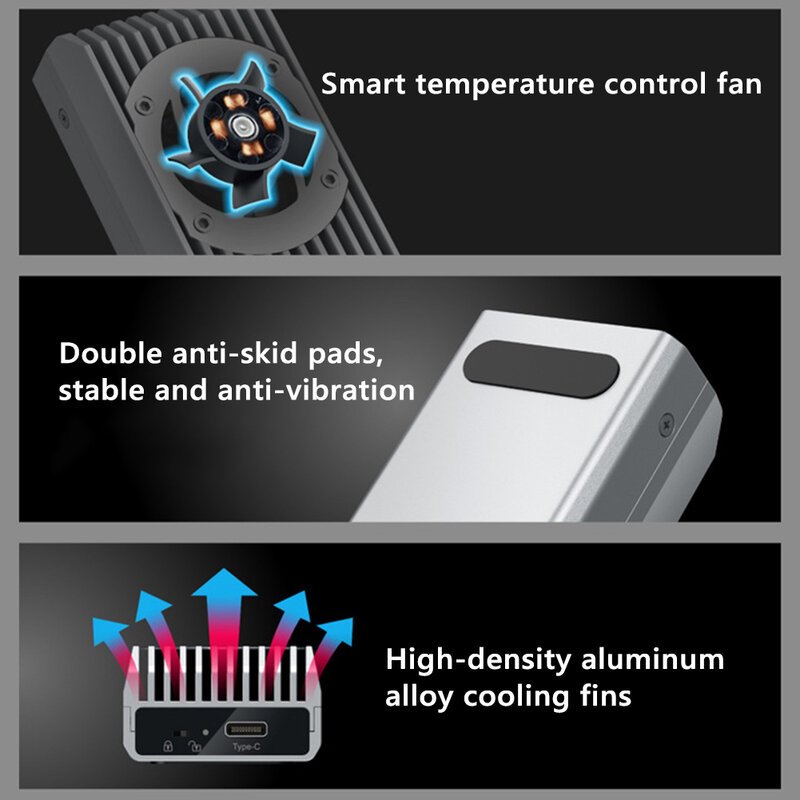 10Gbps M.2 SSD Enclosure ในตัวพัดลมทำความเย็นโลหะ SSD กรณีเขียนป้องกัน M.2 NVME SSD Enclosure สนับสนุน2230 2242 2260 2280