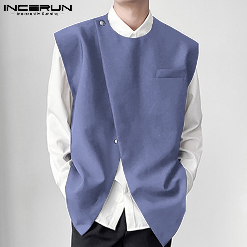 INCERUN Fashion Men Vests O Neck Sleeveless All-match Irregular Waistcoats Men 2023 Solid Color Streetwear Casual Vests S-5XL