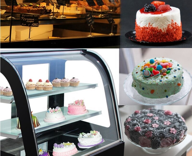 Refrigerador de aire comercial curvo para mantenimiento fresco, vitrina de exhibición de helados y pasteles refrigerados