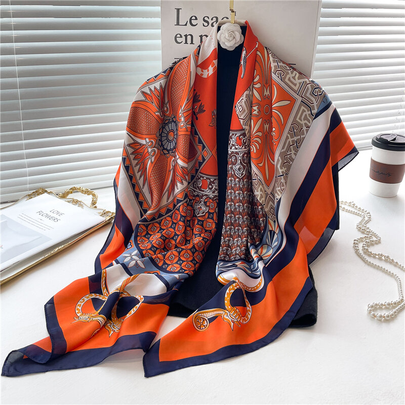 110cm duży szal jedwabny plac szalik dla kobiet luksusowe drukuj hidżab chustka muzułmańska opaska Wrap szal plażowy Foulard Echarpe 2022